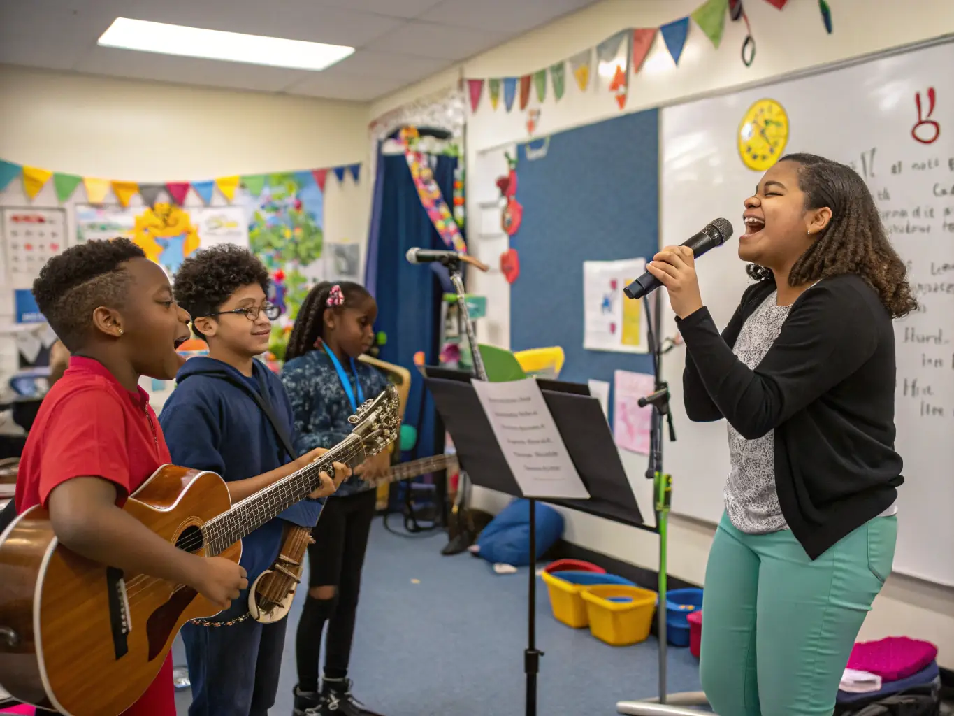 A photograph capturing a group of children participating in a music workshop, highlighting the educational and community engagement aspects of LES AMIS D'OSMONDE's programs.