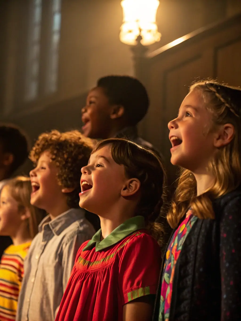 A vibrant image of a children's choir performing classical music in a local community hall, showcasing LES AMIS D'OSMONDE's commitment to music education.