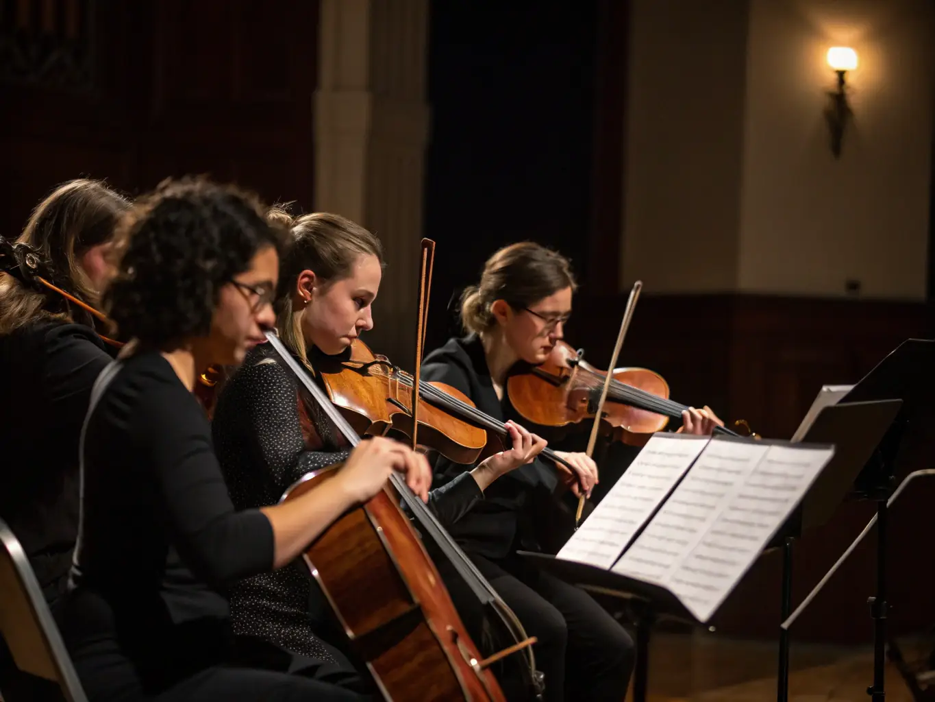A vibrant image depicting a string quartet performing classical music in an intimate setting, showcasing the elegance and artistry of LES AMIS D'OSMONDE's musical performances.
