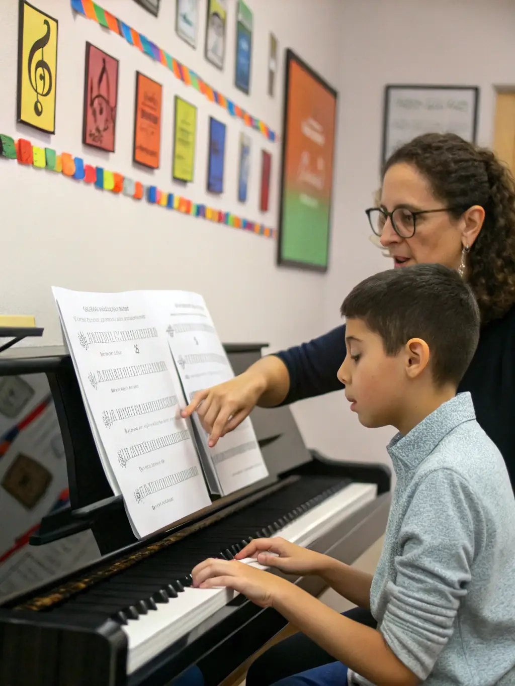 A photo of a young student learning to play an instrument with the guidance of an experienced musician, emphasizing musical education.