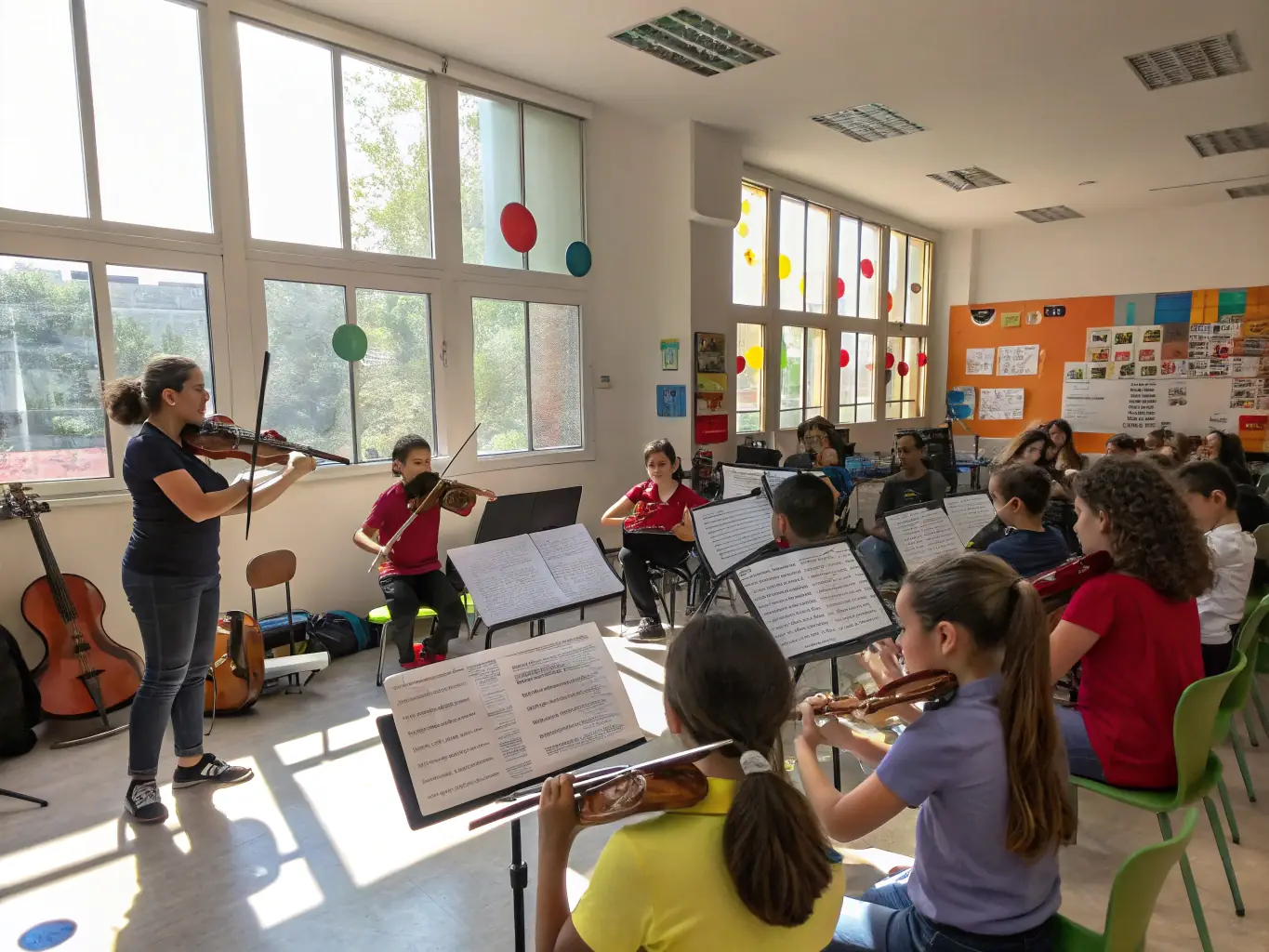 A vibrant image depicting a group of children participating in a music workshop, led by an instructor, showcasing the joy and engagement of young participants in learning about classical music.