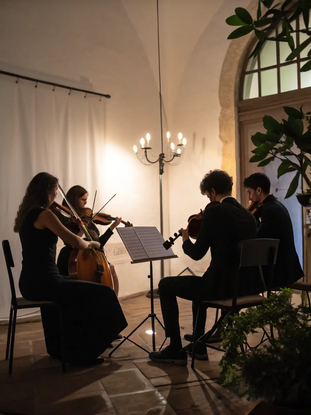 A photograph of a string quartet performing in a historical building, emphasizing LES AMIS D'OSMONDE's dedication to preserving musical heritage.