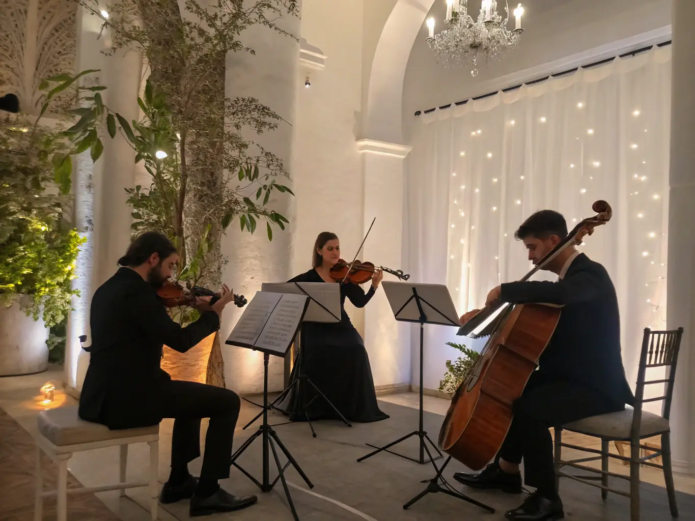 A photograph capturing a live performance of a classical music concert organized by LES AMIS D'OSMONDE. The image should feature musicians playing various instruments on stage, with an appreciative audience in the background, highlighting the organization's dedication to classical music.
