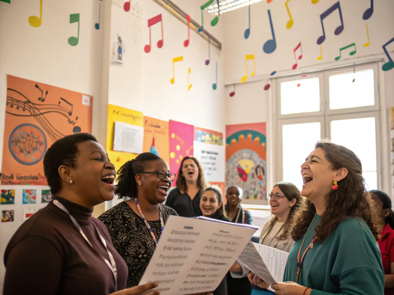 A photograph showing a diverse group of adults participating in a community choir rehearsal. The image should convey a sense of camaraderie and shared passion for music, emphasizing the organization's focus on community engagement and intergenerational connections.