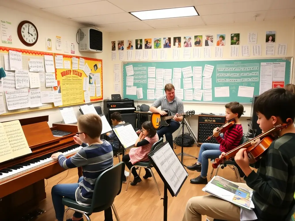 A photograph depicting a group of children participating in a music workshop, led by an instructor, showcasing the organization's commitment to music education for young people. The setting is a bright, cheerful classroom with musical instruments visible in the background.